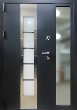 Полуторная термодверь с остеклением и декоративными вставками из нержавейки Полуторная термодверь с остеклением и декоративными вставками из нержавейки