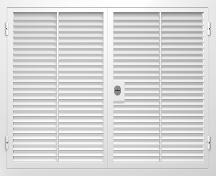 Двупольные ставни-жалюзи с широкими створками и вертикальными планками Двупольные ставни-жалюзи с широкими створками и вертикальными планками
