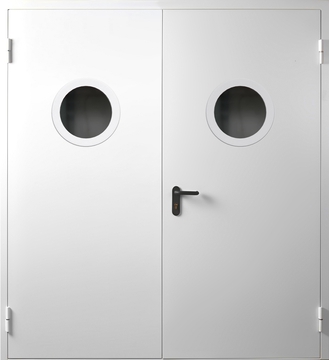 Двупольная противопожарная дверь с круглыми стеклопакетами Двупольная противопожарная дверь с круглыми стеклопакетами