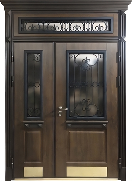 Парадная дверь с верхней вставкой, остеклением и решетками Парадная дверь с верхней вставкой, остеклением и решетками